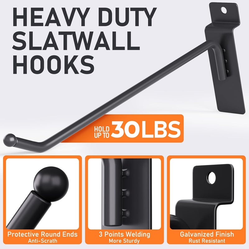 INCLY 60 Pack Slatwall Hooks, 4/6/8 Inch Heavy Duty Black Slat Wall Hanging Hook and Hanger, Slatwall Panel Accessories Assortment Display Hooks for Garages, Sheds, Basements, Retail Stores - Image 3